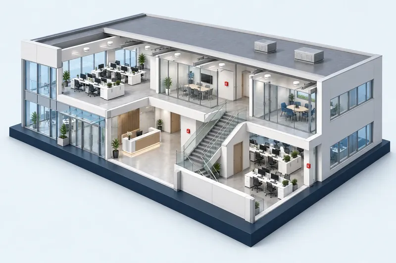 Illustration 3D d’un bâtiment de bureaux équipé d’un système de sécurité incendie
