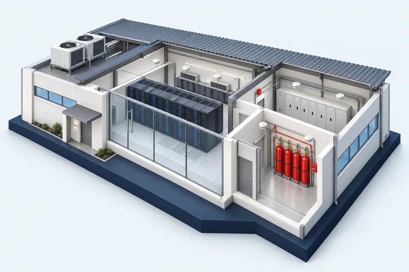 Illustration 3D d’un local technique avec baies informatiques et batterie de bouteilles d’extinction