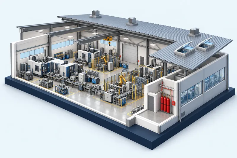 Illustration 3D d’un site industriel avec local technique protégé